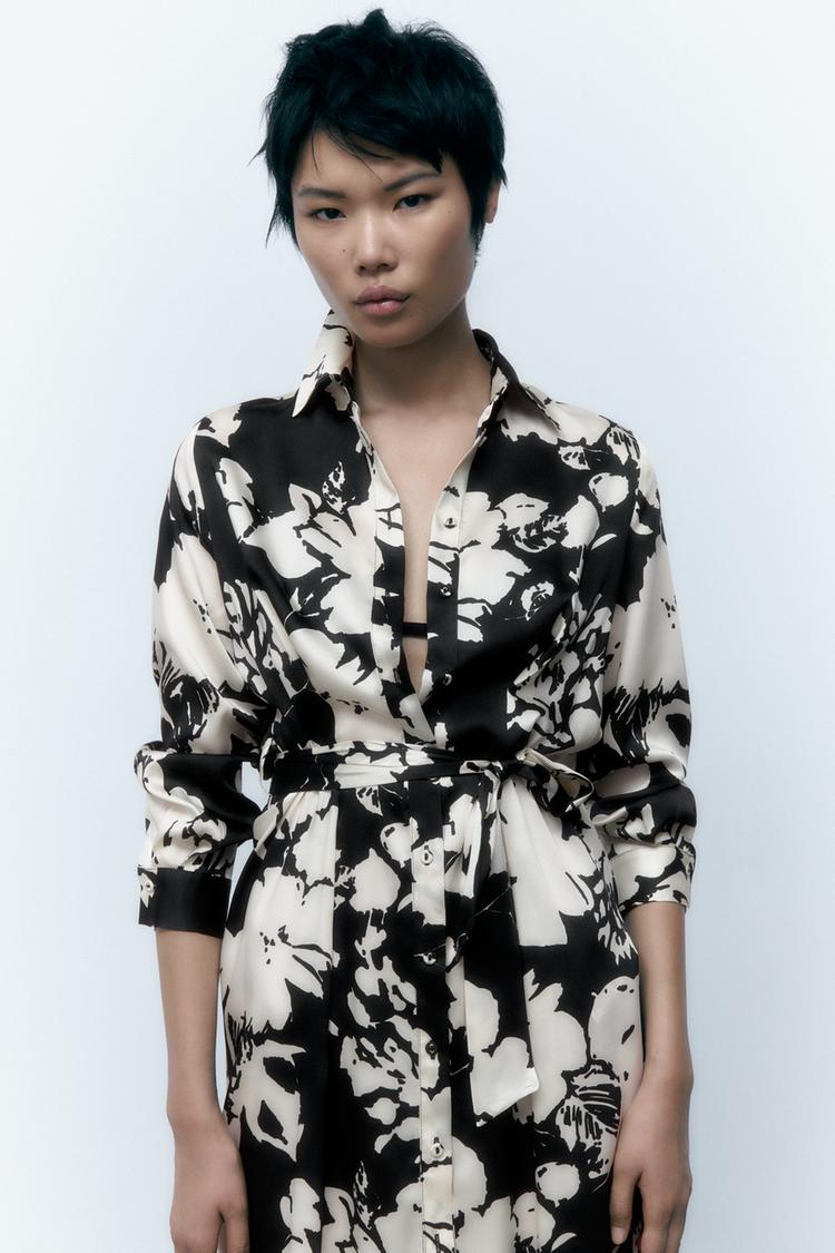 ROBE CHEMISE A IMPRIME FLEURI Ecru Noir ZARA France